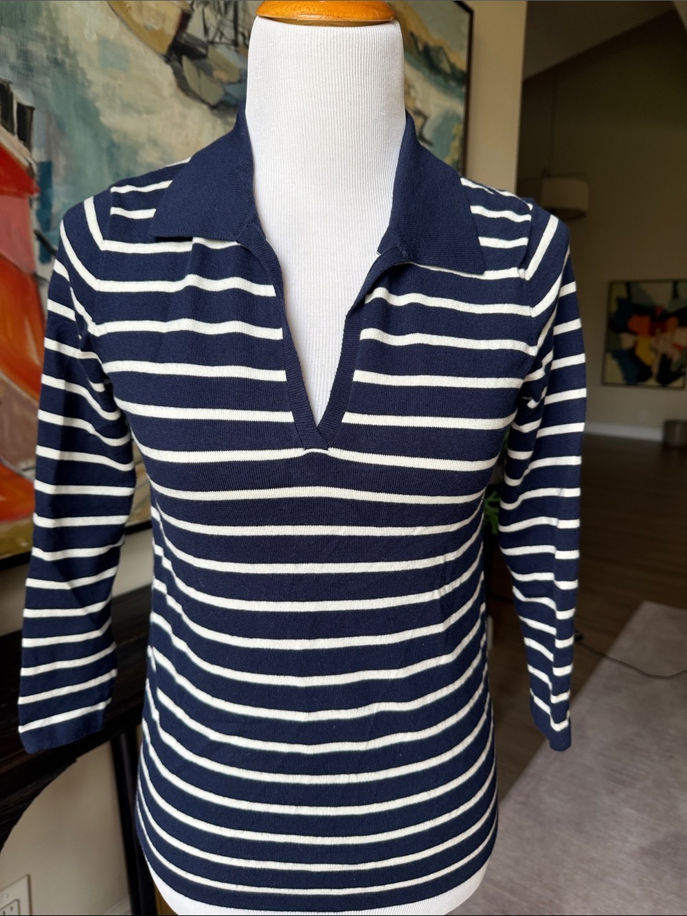 J McLaughlin Navy and White Striped Long-Sleeve Polo-Style Top